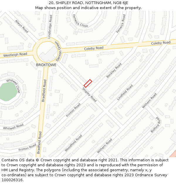 20, SHIPLEY ROAD, NOTTINGHAM, NG8 6JE: Location map and indicative extent of plot