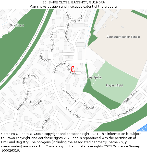 20, SHIRE CLOSE, BAGSHOT, GU19 5RA: Location map and indicative extent of plot