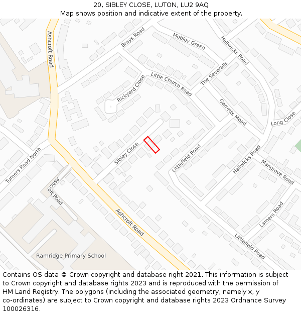 20, SIBLEY CLOSE, LUTON, LU2 9AQ: Location map and indicative extent of plot