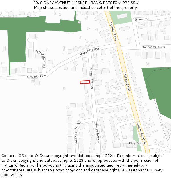 20, SIDNEY AVENUE, HESKETH BANK, PRESTON, PR4 6SU: Location map and indicative extent of plot