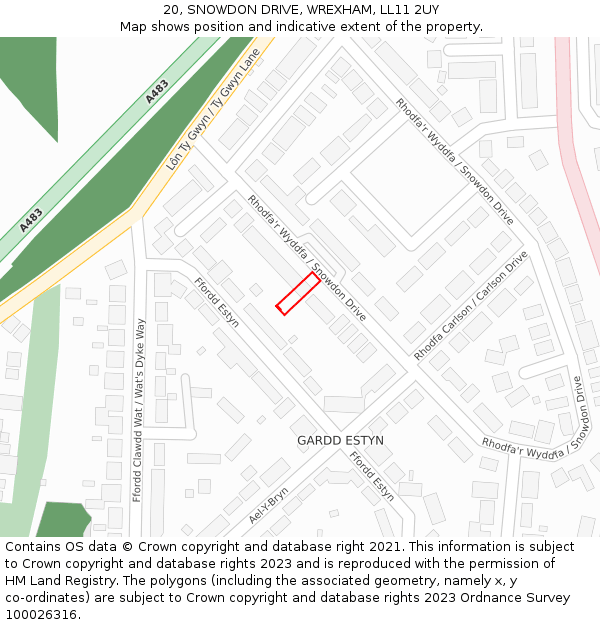 20, SNOWDON DRIVE, WREXHAM, LL11 2UY: Location map and indicative extent of plot