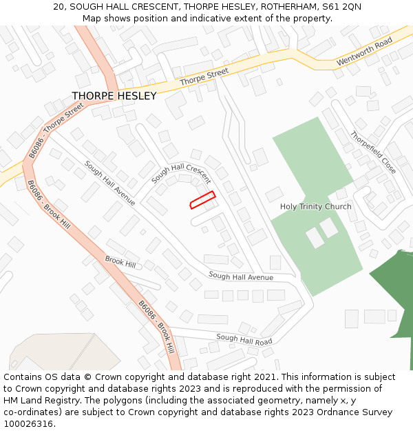 20, SOUGH HALL CRESCENT, THORPE HESLEY, ROTHERHAM, S61 2QN: Location map and indicative extent of plot