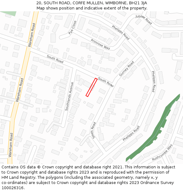 20, SOUTH ROAD, CORFE MULLEN, WIMBORNE, BH21 3JA: Location map and indicative extent of plot