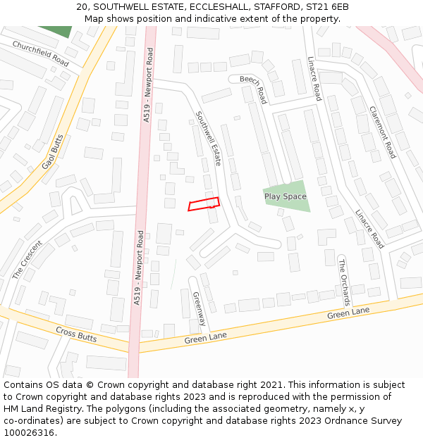 20, SOUTHWELL ESTATE, ECCLESHALL, STAFFORD, ST21 6EB: Location map and indicative extent of plot