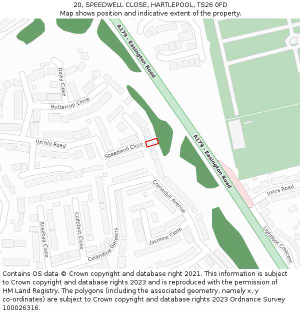20, SPEEDWELL CLOSE, HARTLEPOOL, TS26 0FD: Location map and indicative extent of plot