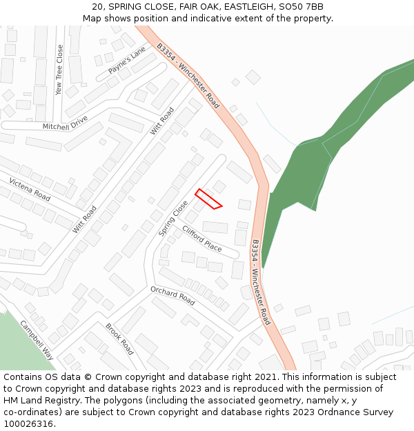 20, SPRING CLOSE, FAIR OAK, EASTLEIGH, SO50 7BB: Location map and indicative extent of plot