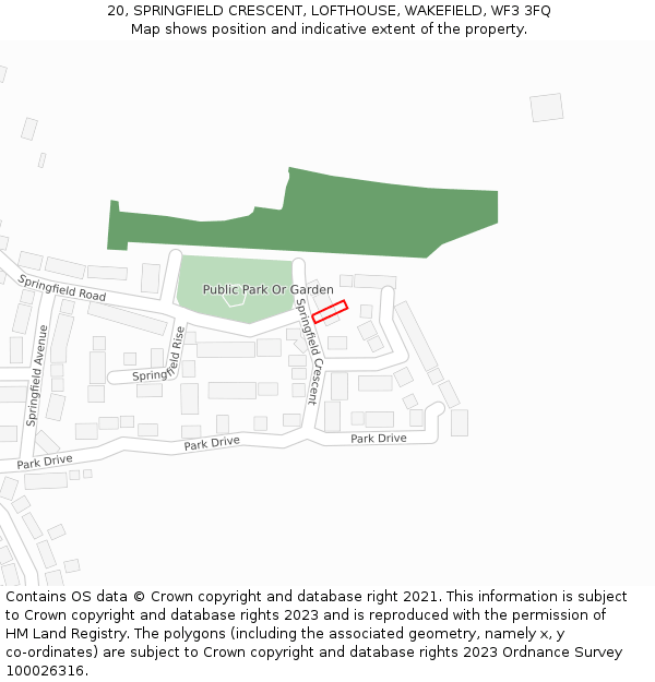20, SPRINGFIELD CRESCENT, LOFTHOUSE, WAKEFIELD, WF3 3FQ: Location map and indicative extent of plot