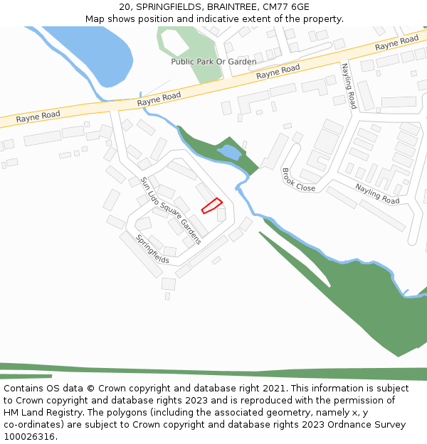 20, SPRINGFIELDS, BRAINTREE, CM77 6GE: Location map and indicative extent of plot