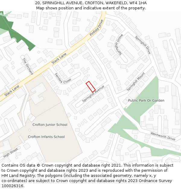 20, SPRINGHILL AVENUE, CROFTON, WAKEFIELD, WF4 1HA: Location map and indicative extent of plot