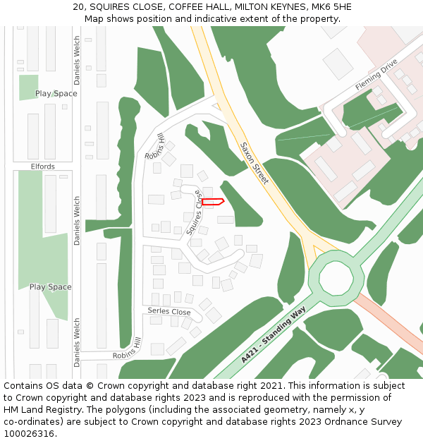 20, SQUIRES CLOSE, COFFEE HALL, MILTON KEYNES, MK6 5HE: Location map and indicative extent of plot
