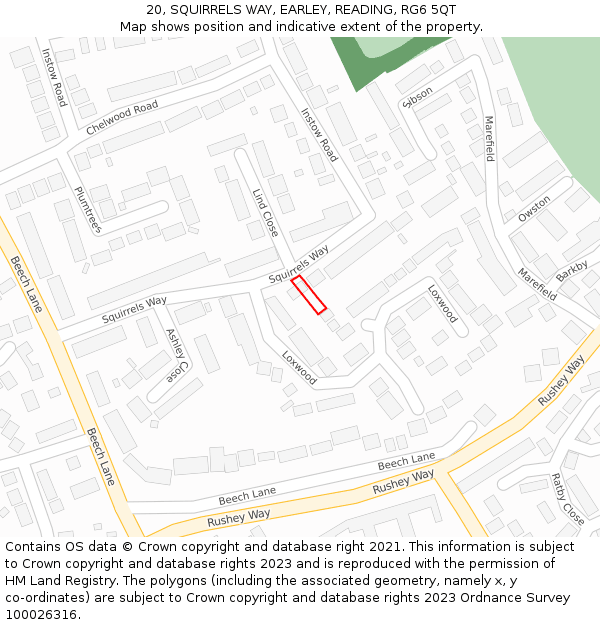 20, SQUIRRELS WAY, EARLEY, READING, RG6 5QT: Location map and indicative extent of plot
