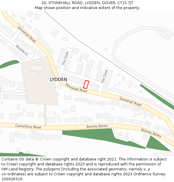 20, STONEHALL ROAD, LYDDEN, DOVER, CT15 7JT: Location map and indicative extent of plot