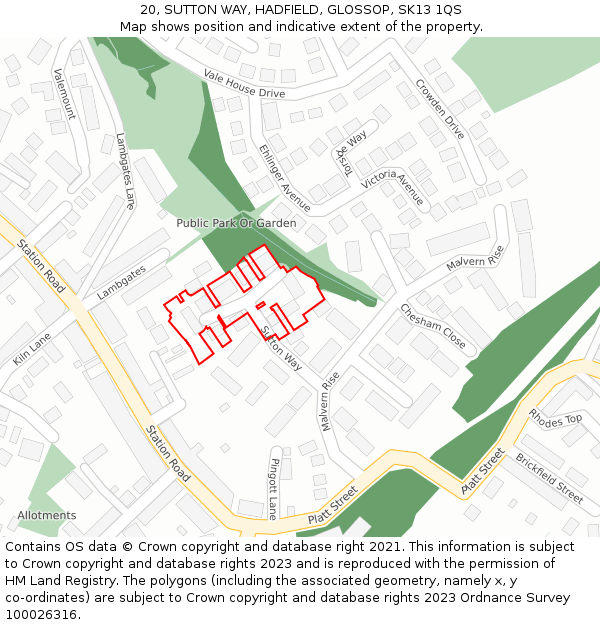 20, SUTTON WAY, HADFIELD, GLOSSOP, SK13 1QS: Location map and indicative extent of plot
