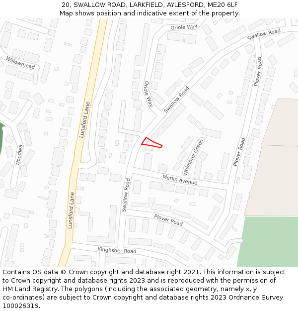20, SWALLOW ROAD, LARKFIELD, AYLESFORD, ME20 6LF: Location map and indicative extent of plot