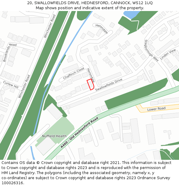 20, SWALLOWFIELDS DRIVE, HEDNESFORD, CANNOCK, WS12 1UQ: Location map and indicative extent of plot
