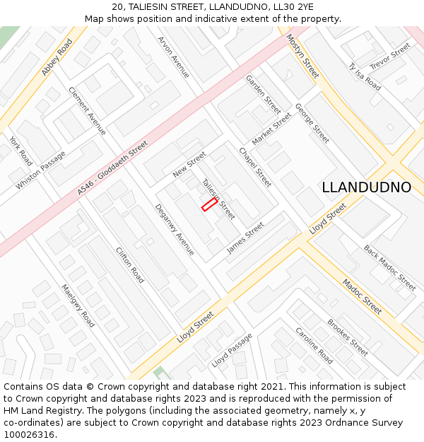 20, TALIESIN STREET, LLANDUDNO, LL30 2YE: Location map and indicative extent of plot