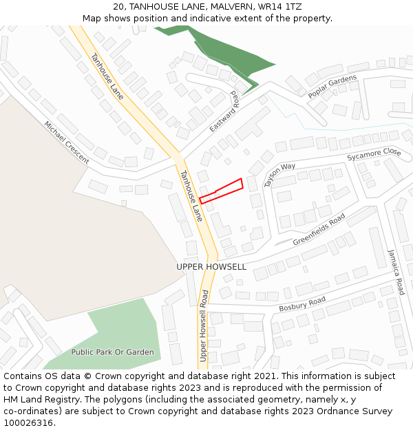 20, TANHOUSE LANE, MALVERN, WR14 1TZ: Location map and indicative extent of plot