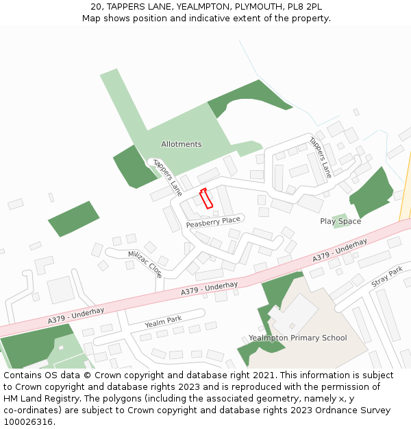 20, TAPPERS LANE, YEALMPTON, PLYMOUTH, PL8 2PL: Location map and indicative extent of plot