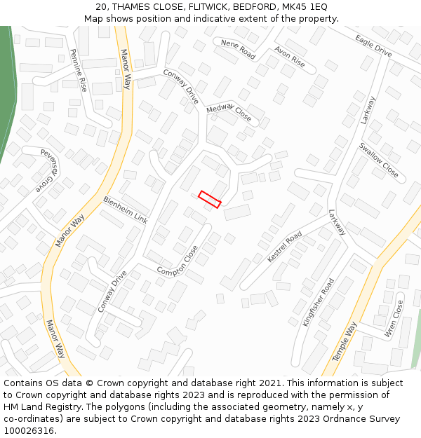 20, THAMES CLOSE, FLITWICK, BEDFORD, MK45 1EQ: Location map and indicative extent of plot
