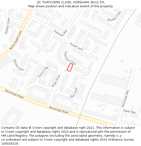 20, THATCHERS CLOSE, HORSHAM, RH12 5TL: Location map and indicative extent of plot