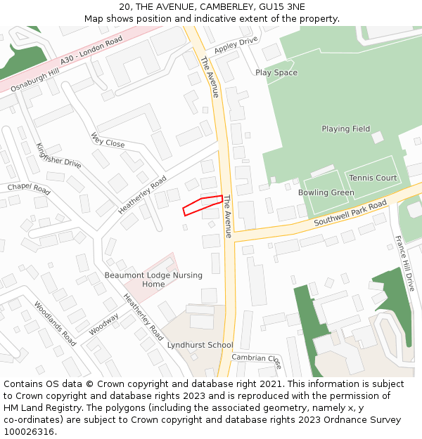 20, THE AVENUE, CAMBERLEY, GU15 3NE: Location map and indicative extent of plot