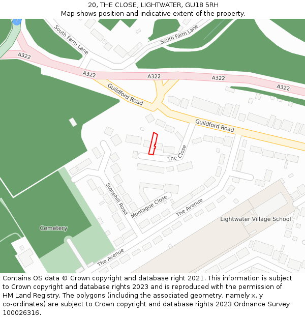 20, THE CLOSE, LIGHTWATER, GU18 5RH: Location map and indicative extent of plot