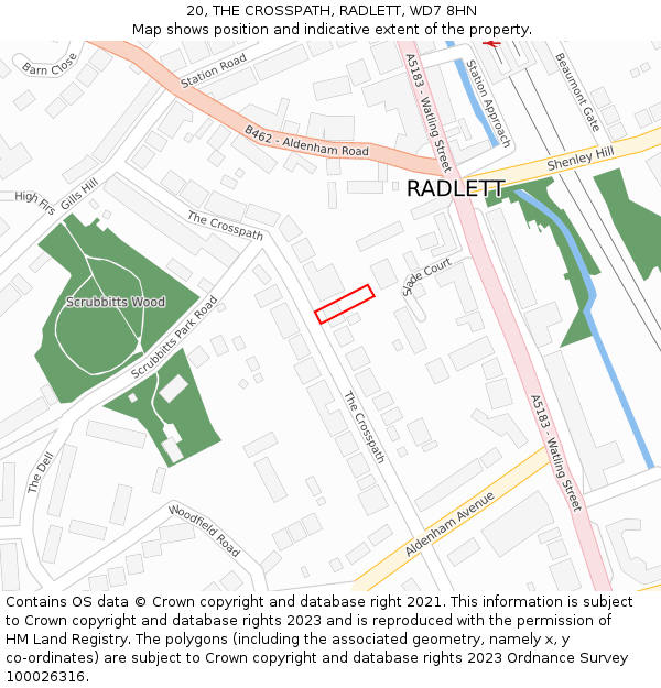 20, THE CROSSPATH, RADLETT, WD7 8HN: Location map and indicative extent of plot