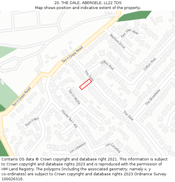20, THE DALE, ABERGELE, LL22 7DS: Location map and indicative extent of plot