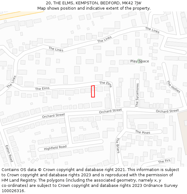 20, THE ELMS, KEMPSTON, BEDFORD, MK42 7JW: Location map and indicative extent of plot