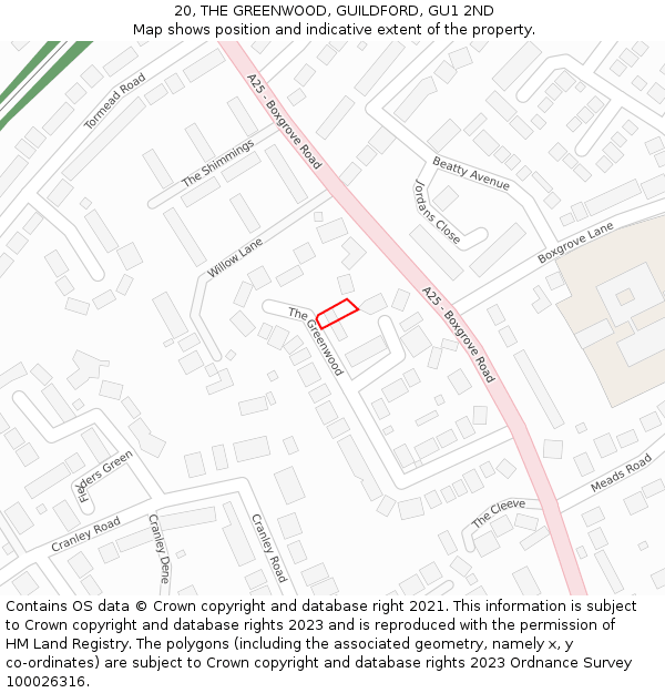 20, THE GREENWOOD, GUILDFORD, GU1 2ND: Location map and indicative extent of plot