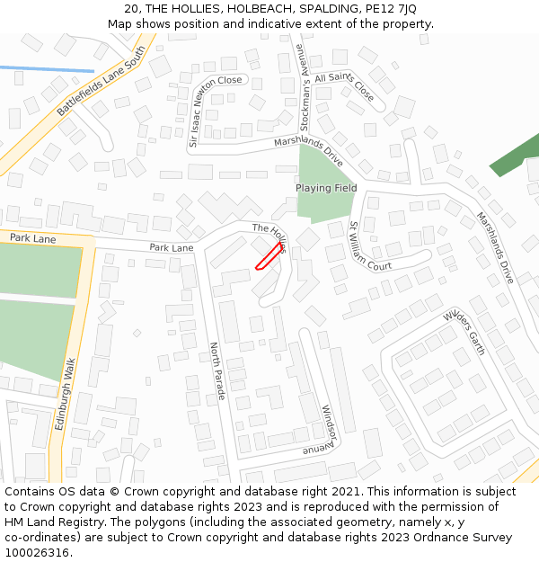 20, THE HOLLIES, HOLBEACH, SPALDING, PE12 7JQ: Location map and indicative extent of plot