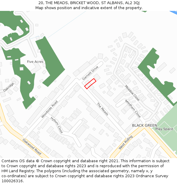 20, THE MEADS, BRICKET WOOD, ST ALBANS, AL2 3QJ: Location map and indicative extent of plot