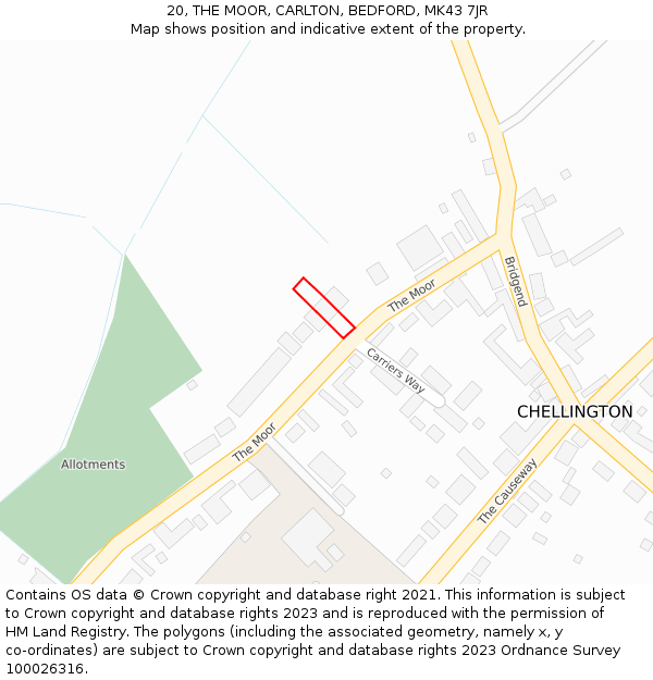 20, THE MOOR, CARLTON, BEDFORD, MK43 7JR: Location map and indicative extent of plot