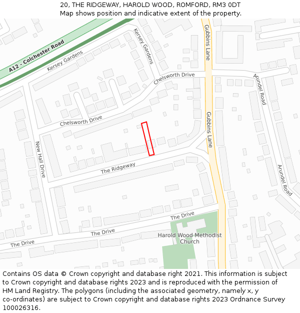 20, THE RIDGEWAY, HAROLD WOOD, ROMFORD, RM3 0DT: Location map and indicative extent of plot
