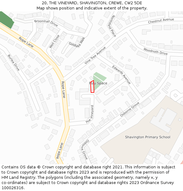 20, THE VINEYARD, SHAVINGTON, CREWE, CW2 5DE: Location map and indicative extent of plot