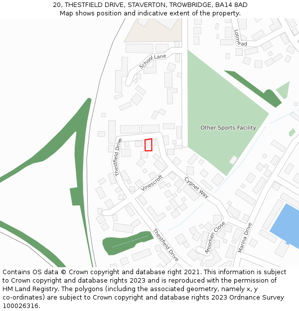 20, THESTFIELD DRIVE, STAVERTON, TROWBRIDGE, BA14 8AD: Location map and indicative extent of plot