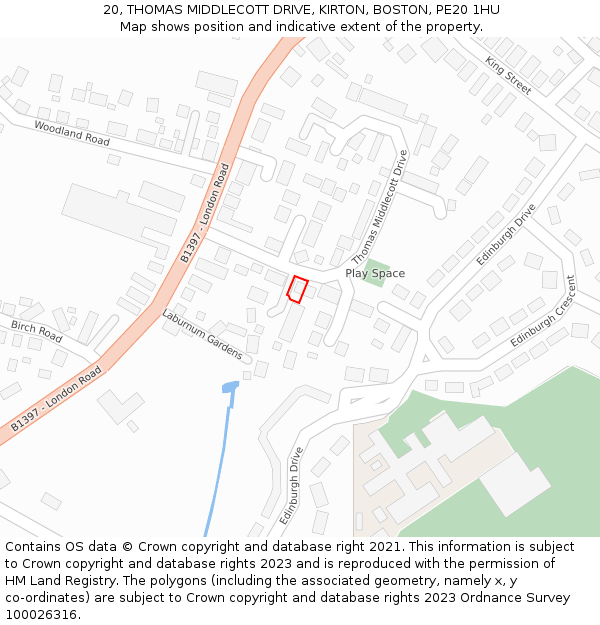 20, THOMAS MIDDLECOTT DRIVE, KIRTON, BOSTON, PE20 1HU: Location map and indicative extent of plot