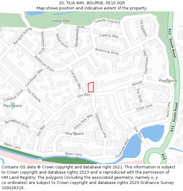 20, TILIA WAY, BOURNE, PE10 0QR: Location map and indicative extent of plot