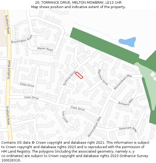 20, TORRANCE DRIVE, MELTON MOWBRAY, LE13 1HR: Location map and indicative extent of plot