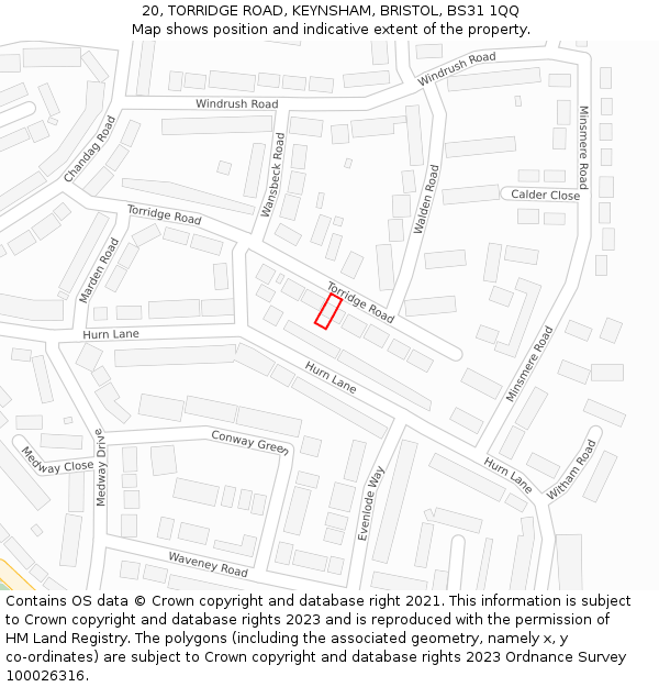 20, TORRIDGE ROAD, KEYNSHAM, BRISTOL, BS31 1QQ: Location map and indicative extent of plot