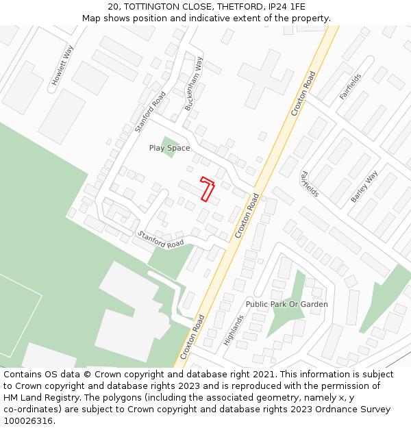 20, TOTTINGTON CLOSE, THETFORD, IP24 1FE: Location map and indicative extent of plot