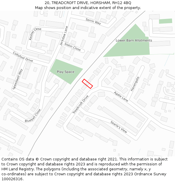 20, TREADCROFT DRIVE, HORSHAM, RH12 4BQ: Location map and indicative extent of plot