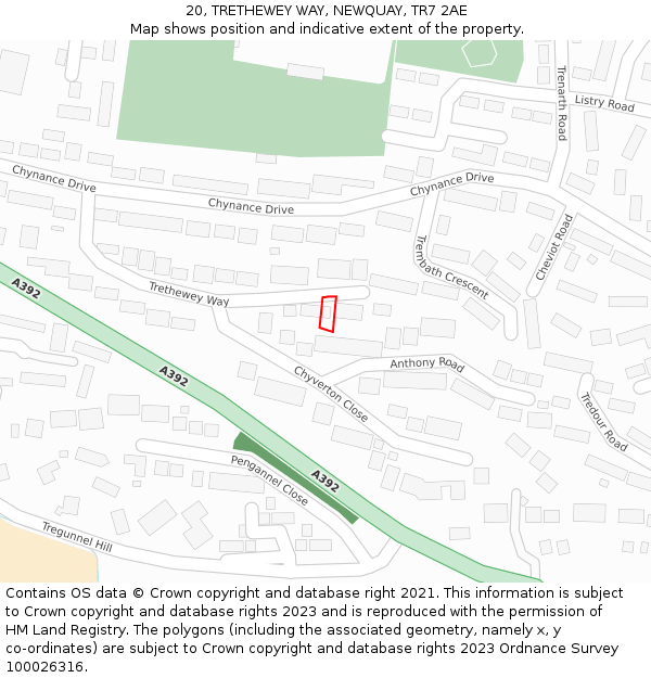 20, TRETHEWEY WAY, NEWQUAY, TR7 2AE: Location map and indicative extent of plot