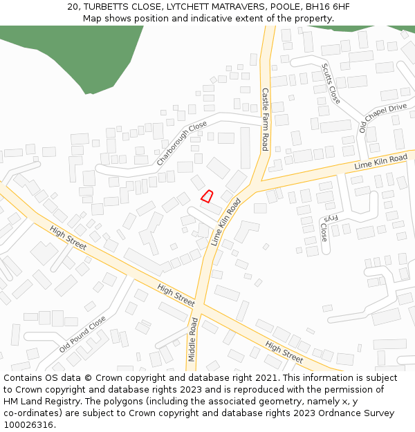 20, TURBETTS CLOSE, LYTCHETT MATRAVERS, POOLE, BH16 6HF: Location map and indicative extent of plot