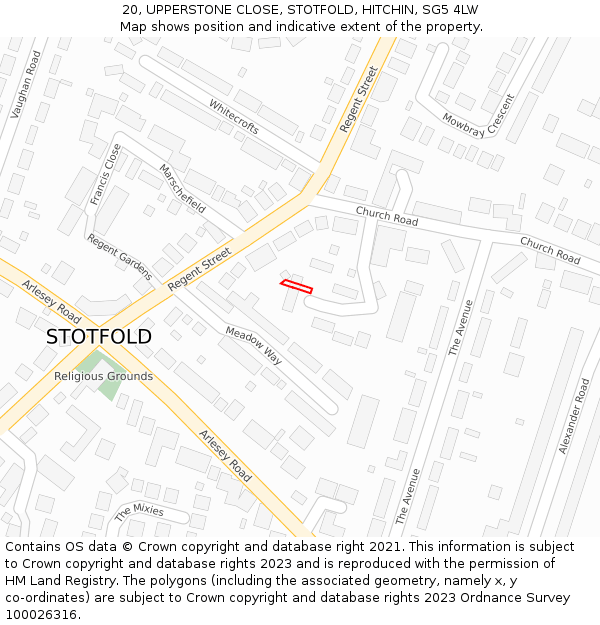 20, UPPERSTONE CLOSE, STOTFOLD, HITCHIN, SG5 4LW: Location map and indicative extent of plot
