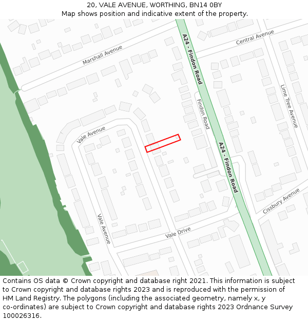 20, VALE AVENUE, WORTHING, BN14 0BY: Location map and indicative extent of plot