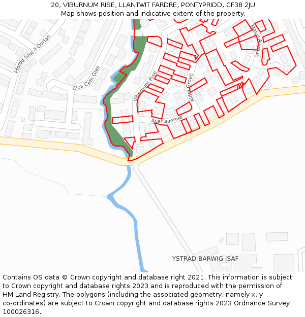 20, VIBURNUM RISE, LLANTWIT FARDRE, PONTYPRIDD, CF38 2JU: Location map and indicative extent of plot