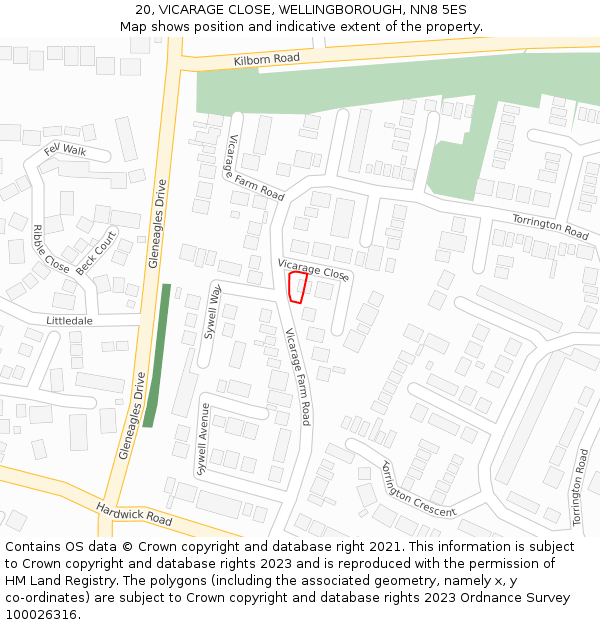 20, VICARAGE CLOSE, WELLINGBOROUGH, NN8 5ES: Location map and indicative extent of plot