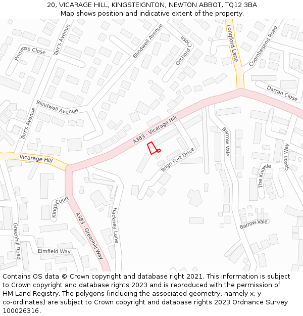 20, VICARAGE HILL, KINGSTEIGNTON, NEWTON ABBOT, TQ12 3BA: Location map and indicative extent of plot