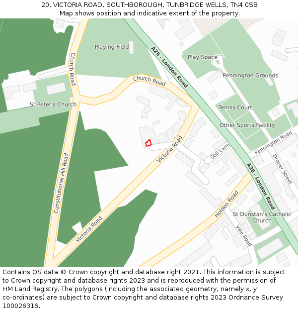 20, VICTORIA ROAD, SOUTHBOROUGH, TUNBRIDGE WELLS, TN4 0SB: Location map and indicative extent of plot